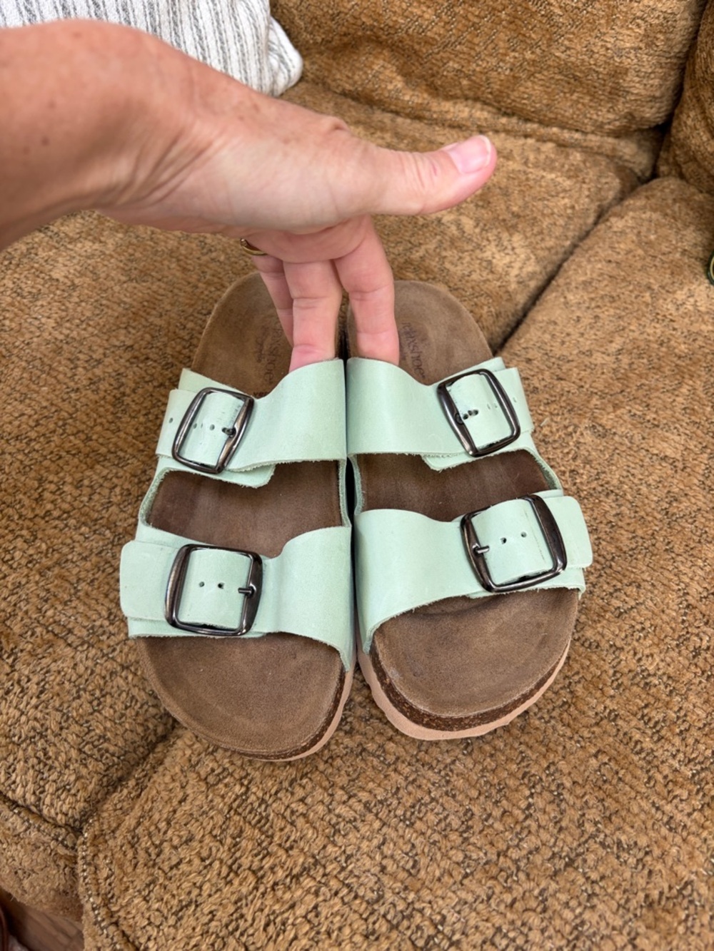 Womens Mint Green Double-Buckle Slide Sandals
